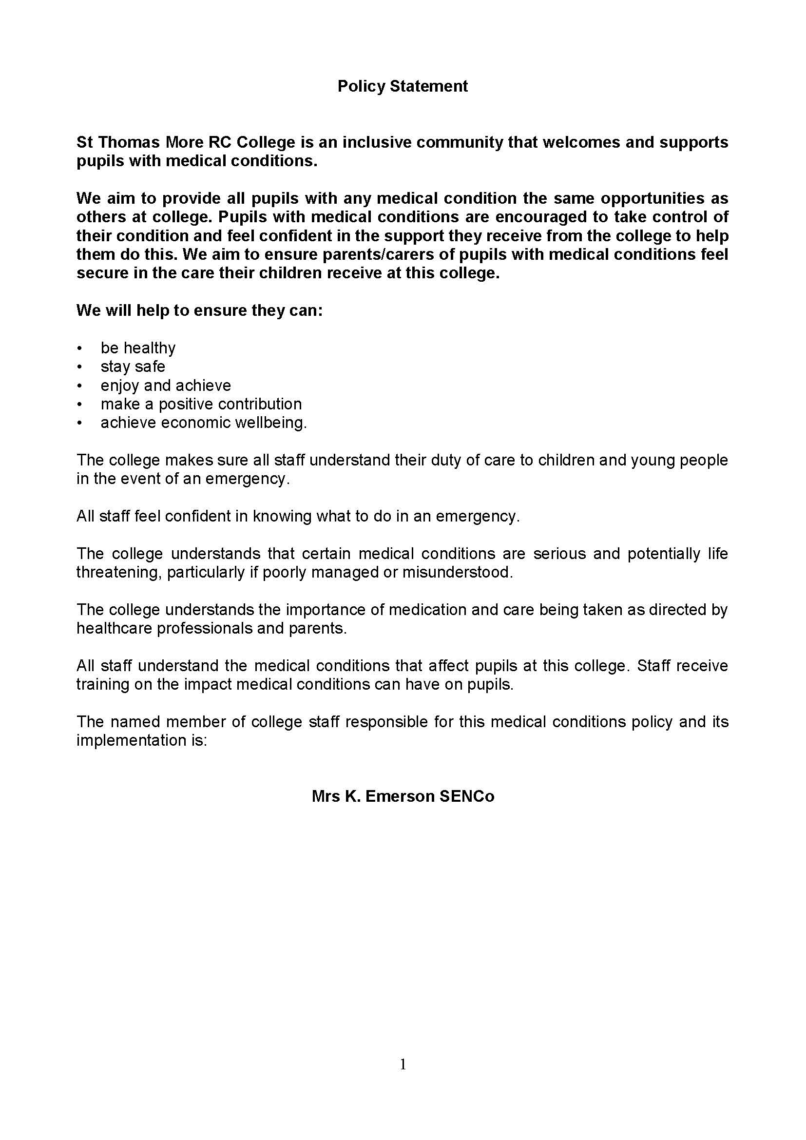 Medical conditions policy st thomas more roman catholic college