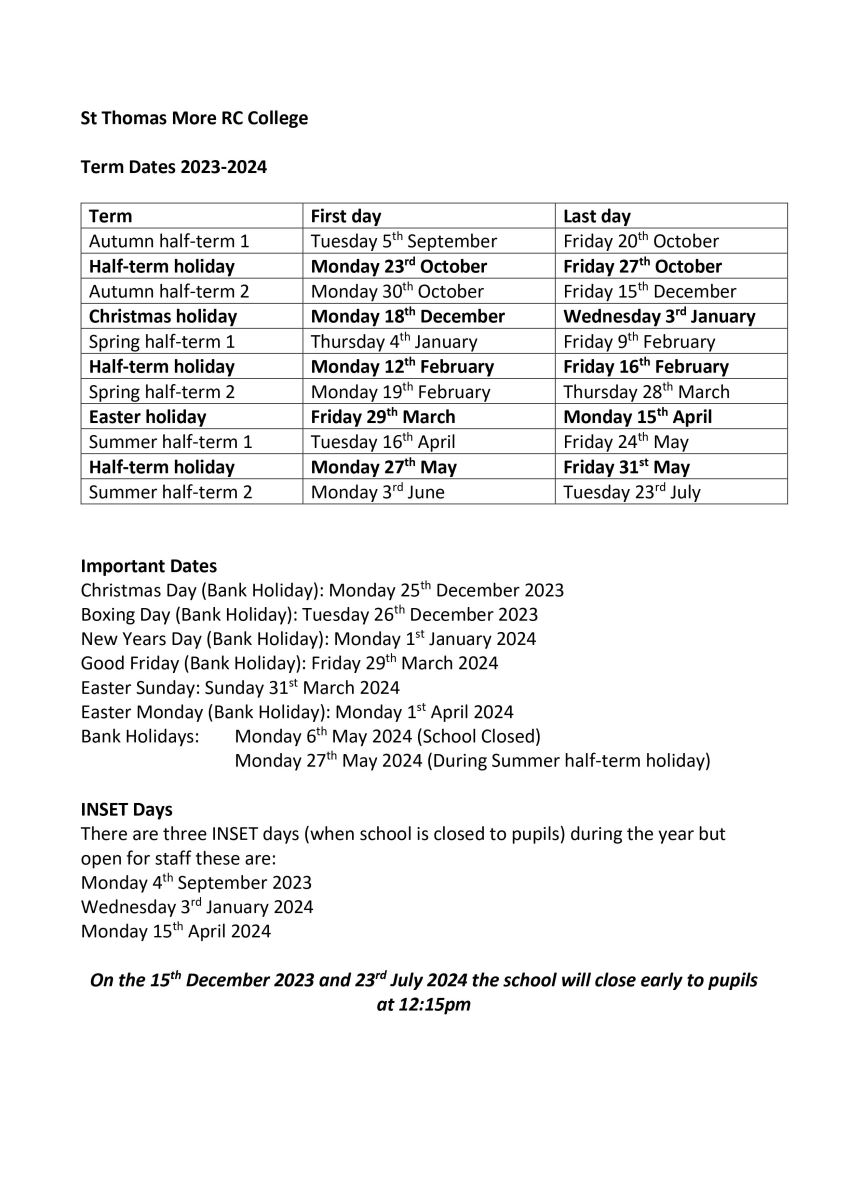 Key Dates | St Thomas More Roman Catholic College